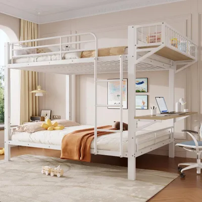 Produktbild von Etagenbett mit Schreibtisch, Metall-Etagenbett, Ohne Matratze, mit Staufach, Kinderetagenbett mit Leiter, mit Arbeitsplatz, 140x200cm, Weiß