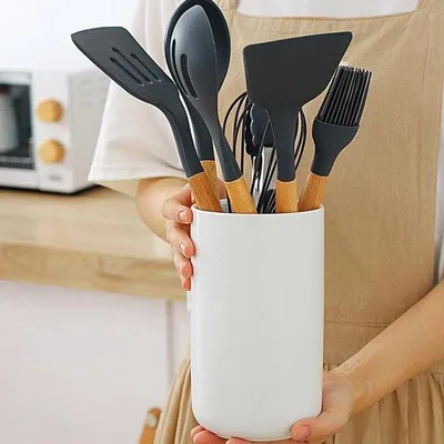 Produktbild von Famanu Küchenutzenhalter 7" x 4" schwarze Keramik - einfacher Design Utensilienhalter