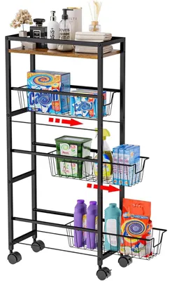 Immagine prodotto di Carrello portaoggetti stretto - Carrello da cucina - 4 ripiani - Ruote girevoli a 360° - Metallo - Nero