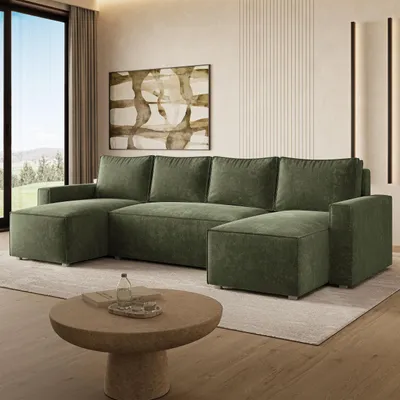 Produktbild von Masseno Ecksofa ASPRA LM mit Schlaffunktion U-Form, Sofa mit Bettkasten, Wohnzimmersofa, Couch, Soffa, Bettsofa, Couchgarnitur- Grün, LUMO 20