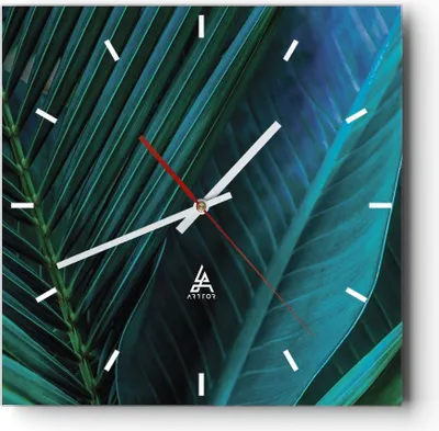 Produktbild von Wanduhr - Quadrat - Glasuhr - Blatt Tropen Grün - 30x30cm - Schleichendes Uhrwerk - Lautlos - zum Aufhängen bereit - Dekoration Modern - Wanddekoration aus Glas - C3AC30x30-5071