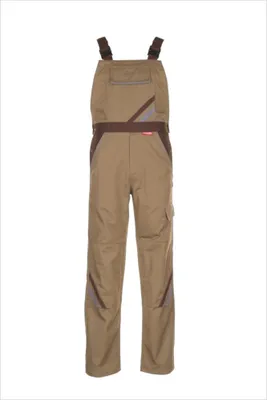 A pair of khaki and brown bib overalls is shown against a white background.