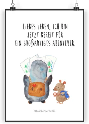 Produktbild von Mr. & Mrs. Panda Bild Pinguin & Maus Wanderer DIN A3 - Weiß - Geschenk, wanddeko, Wandern, Wandbild, Ausflug, drucke, kunstdruck poster, Abenteuer, Wanddekoration