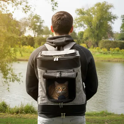 Immagine prodotto di zaino belviona per cani e gatti, stabile e sicuro, con ventilazione, scomparto per borraccia e parapioggia, grigio/nero