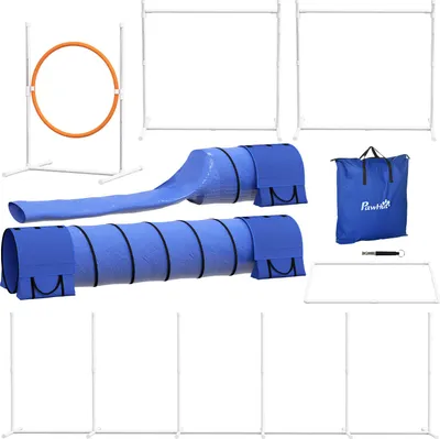 Image de Parcours canin avec 2 tunnels, ensemble d'agilité pour chiens composé de 7 éléments : poteaux de slalom, obstacles et cerceaux, réglable en hauteur, avec sac de transport, couleurs : bleu, rouge et blanc