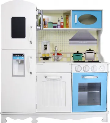 Produktbild von 4iQ Große Spielküche Spielzeug Küche aus Holz für Kinder LittleFoodies Mint-Weiß 97x33,5x103 cm mit Zubehör und Kühlschrank