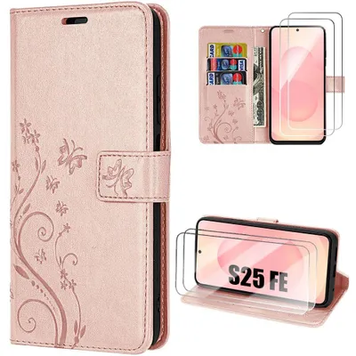 Image de Coque + 2 Verres Trempés pour Samsung Galaxy S25 FE, Antichoc Synthécuir Rose Motif Papillon Plante avec Porte-Cartes