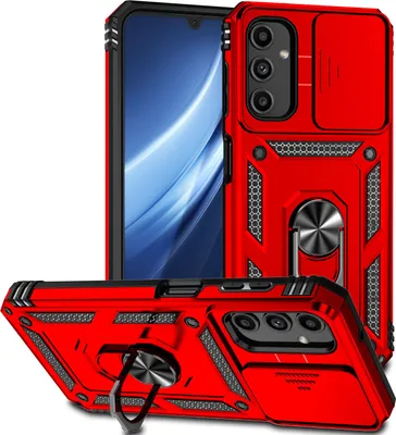 Immagine prodotto di Custodia per Samsung Galaxy A25 5G a doppio strato con copertura scorrevole della fotocamera e supporto ad anello rosso