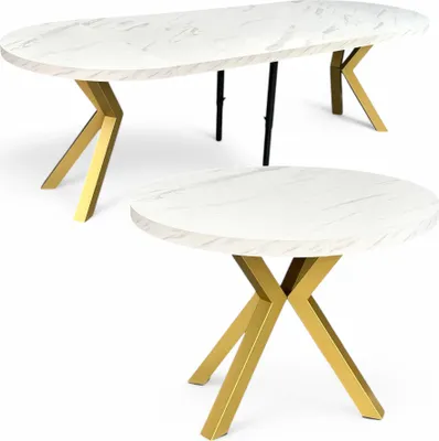 Produktbild von Großer runder Marmor-Esstisch Weiß, ausziehbar (Ø110/310 cm) mit goldenen X-Metallbeinen