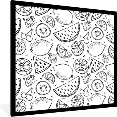 Produktbild von MuchoWow® Gerahmtes Poster Zitrone - Kirsche - Schwarz - Weiß 40x40 cm - Poster mit Schwarzem Bilderrahmen Wandposter Rahmen Foto Bilder - Mit Rahmen - Wanddekoration Schlafzimmer