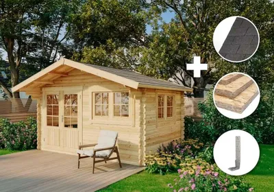 Produktbild von Alpholz Gartenhaus Set Gabriel 438 x 367cm mit 28mm Wandstärke Naturbelassen inkl. Dacheindeckung und Fußboden