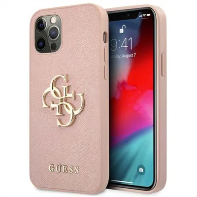 Zdjęcie produktu dla Guess Saffiano Metal Logo Collection Smartphone Hard Case dla Apple iPhone 12 / 12 Pro Pink