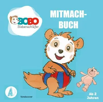 A cartoon illustration of a bear character and a teddy bear on a blue background, with text indicating it's an interactive book for children.