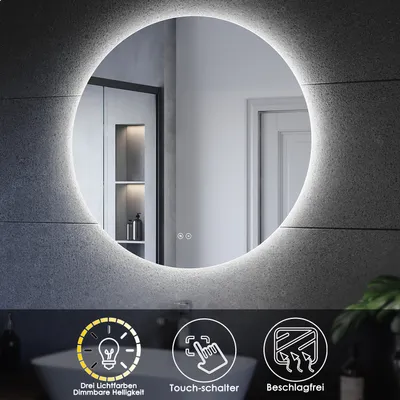 Image de SONNI Rond Ø 80 cm Miroir de salle de bain avec éclairage LED Température tricolore Double interrupteur tactile avec fonction antibuée Miroir rond