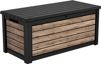 A storage box with a wood-like texture on the front and a black lid.