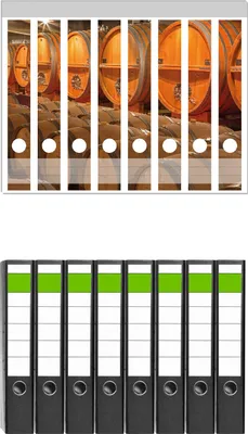 Produktbild von Wallario 8 Stück schmale Ordner inkl. Klebeetiketten mit Motive Weinkeller mit alten Holzfässern -  Set mit Rückenschildern / Ordnerrücken Stickern