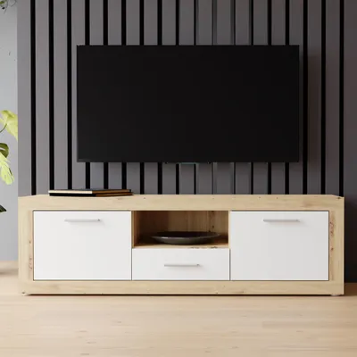 Produktbild von Forte BACCIO TV-Schrank 150, modernes Lowboard, 2 -türig, 1 Schublade, Holzwerkstoff, Artisaneiche Holzdekor|Weiß, 147,7 cm breit x 49,8 cm hoch x 41 cm tief