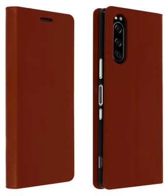 A brown leather flip case for a Sony Xperia 5 phone, shown from two angles.