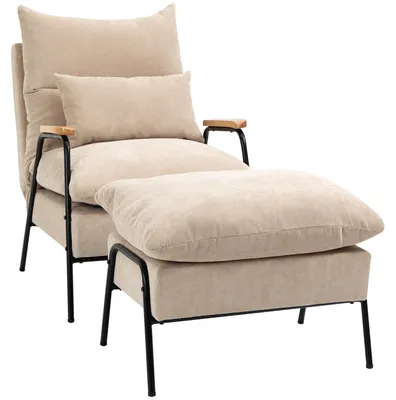 Produktbild von HOMCOM Relaxsessel mit Hocker Sessel mit Verstellbar Rückenlehne, Kissen Beige