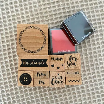 Image de Set de tampons en bois "Handmade" - 11 pièces