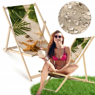 Produktbild von Holz Liegestuhl klappbar „Seesterne im Sand“ – Gartenstuhl Relaxstuhl Sonnenliege Balkon Terrasse