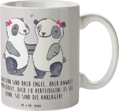 Produktbild von Mr. & Mrs. Panda Kaffeetasse Schwesternwunder - Grau Pastell - Geschenk, geschwisterstreit, Familiengeschenk, Engel und Anwalt, persönliche Erinnerungen, milchkaffeetasse
