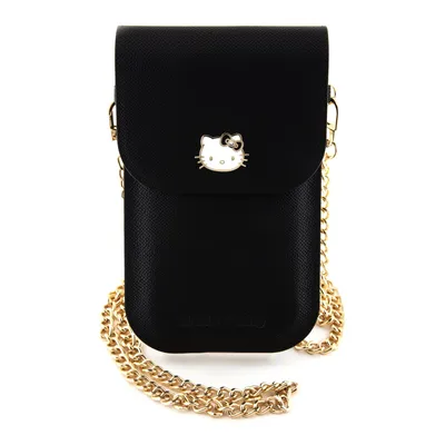 A black Hello Kitty phone bag with a gold chain strap.