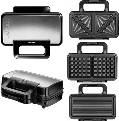 A collage of different parts of a multi-functional sandwich maker.