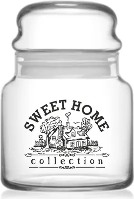 A clear glass jar with a lid, featuring a decorative illustration and text.