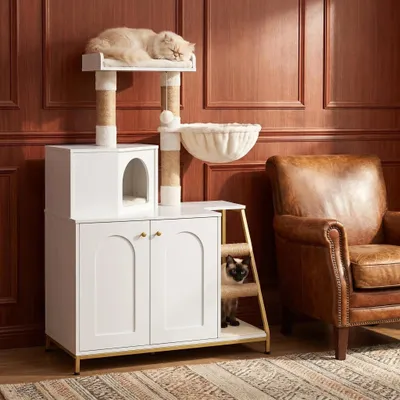 Produktbild von Kratzbaum mit Katzenklo-Schrank, 121 cm Katzenschrank, Weiß | 4-in-1 Modernes Katzenhaus mit Plattform, mit Sisal-Kratzmatte, Pfosten
