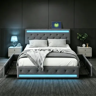 Produktbild von SUNFECILI Polsterbett 140x200 cm,Bett mit Schubladen,Lattenrost,Weicher Rückenlehne und Kopfteil,USB,LED,Doppelbett,Jugendbett,Leinen,Grau
