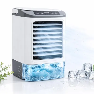 Produktbild von Mini Luftkühler mit 900 ml Wassertank, USB Verdunstungskühler mit Sprühfunktion, 4 Geschwindigkeiten, 7 Farben LED Licht, tragbar für Büro, Schlafzimmer & Zuhause