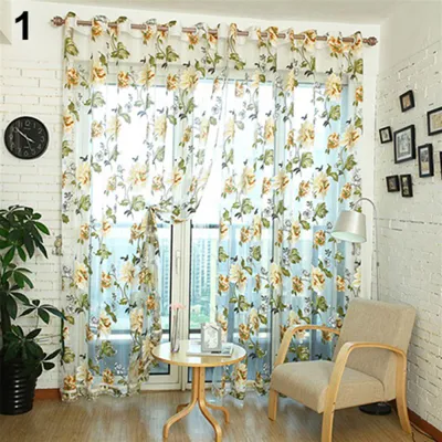 Produktbild von Tuell transparenter Vorhang Blumenmuster Volant drapieren Polyester Wohnzimmer Kueche transparenter Vorhang fuer Zuhause Braun 100 cm x 250 cm (Loch)