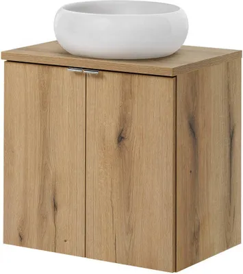 Image de Plan de toilette 'Skelbolu' avec lavabo rond en céramique et 2 portes 60 x 72 x 40 cm imitation chêne