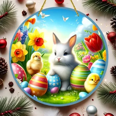 Produktbild von GKA XL Türschild Wandbild Holz Osterhase Küken und Ostereier bunt 20 cm Ostern Hase Eier Osterdekoration
