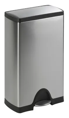 A rectangular stainless steel trash can with a black lid and base, and a black pedal at the bottom.