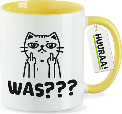Produktbild von Huuraa Kaffeetasse Was? grimmige Katze 330ml Gelb Keramik Kaffeebecher Geschenkidee