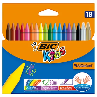 Produktbild von BIC KIDS Wachsmalkreide Plastidecor 18er Kartonetui, Extrem stark, Magnettafeln, Kühlschränke, Whiteboards, DIY