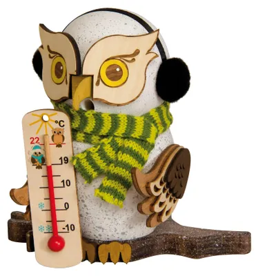 Produktbild von Drechslerei Kuhnert - Räucherfigur Eule mit Thermometer - Größe ca. 15cm, für Räucherkerzen Größe M (Standard) - 37235
