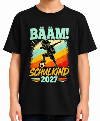 Produktbild von Bääm Schulkind 2027 Einschulung Junge Fußball Dabbing Schulanfang Kinder T-Shirt, Schwarz, 140