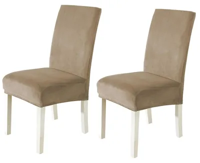 Productafbeelding van Stuhelhoesjes, fluweel, set van 2, stretch stoelhoes voor schommelstoelen en stoelen met hoge rugleuning, wasbaar, kameelbruin