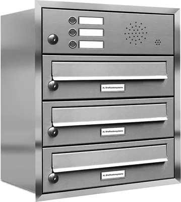 A stainless steel mailbox unit with four mail slots and an intercom system.