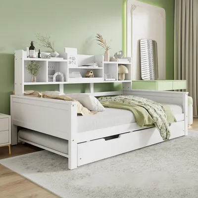 Produktbild von okwish   Schlafsofa  Daybett  Multifunktionsbett(90×200 cm& 90x190cm) mit Ausziehbett,Holzbett mit Staufach und Lattenrost ,ohne Matratze, Weiß