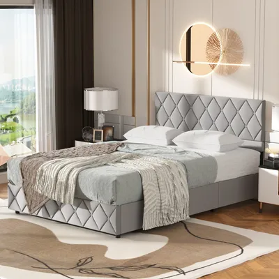 Obrázek produktu pro MODFU Čalouněná postel Boxspring hydraulická 140 × 200 cm s čelem (knoflíková dekorace), funkční polstrovaná postel s lamelovým roštem z dřeva a kovu, Manželská postel s úložným prostorem, samet světle šedý (bez matrace)