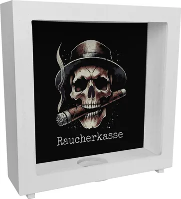 Produktbild von Raucherkasse mit Totenkopf Rahmen Spardose aus Holz