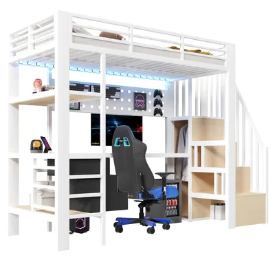 Produktbild von Hochbett mit RGB LED-Streifen, Regal, Schreibtisch, Schubladen und Wandgitter, 90x200 cm, Treppe mit offenem Kleiderschrank, Kinderbett, Metallbett