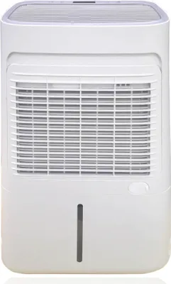 A white dehumidifier is shown from the front against a white background.