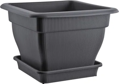 A dark gray square planter with a ribbed texture and a matching saucer, shown from a slightly elevated front-side angle against a white background.