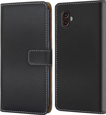 A black flip case for a smartphone is shown from the front and back.