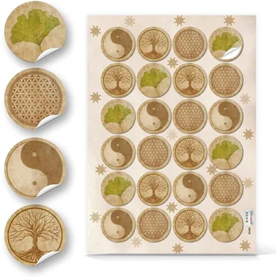 Produktbild von Logbuch-Verlag 24 Aufkleber Yin Yang + Lebensbaum + Lebensblume + Ginkgo - spirituelle Symbole Sticker Etiketten natur braun grün24 Aufkleber / 1 Bogen